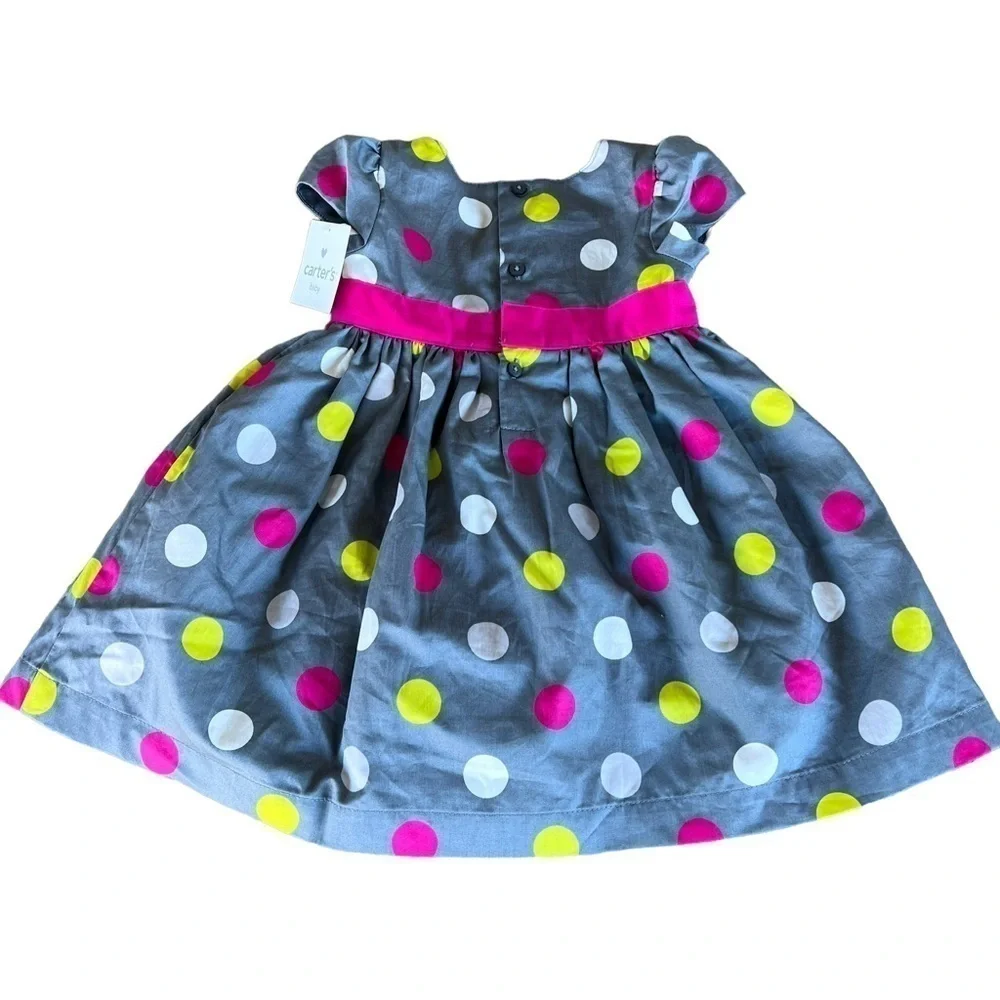 Carter’s Dress Me Up Polka Dot Dress Baby 12 Months Gray Pink Sash Bow Tulle NWT